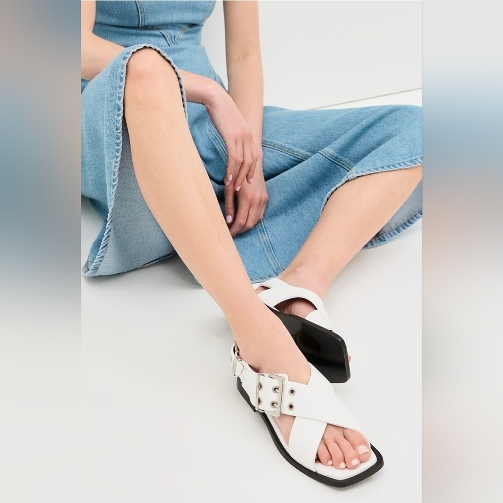 Ganni White Leather Criss Cross Sandals Square Toe Buckle Slingback Sz 40 / 10